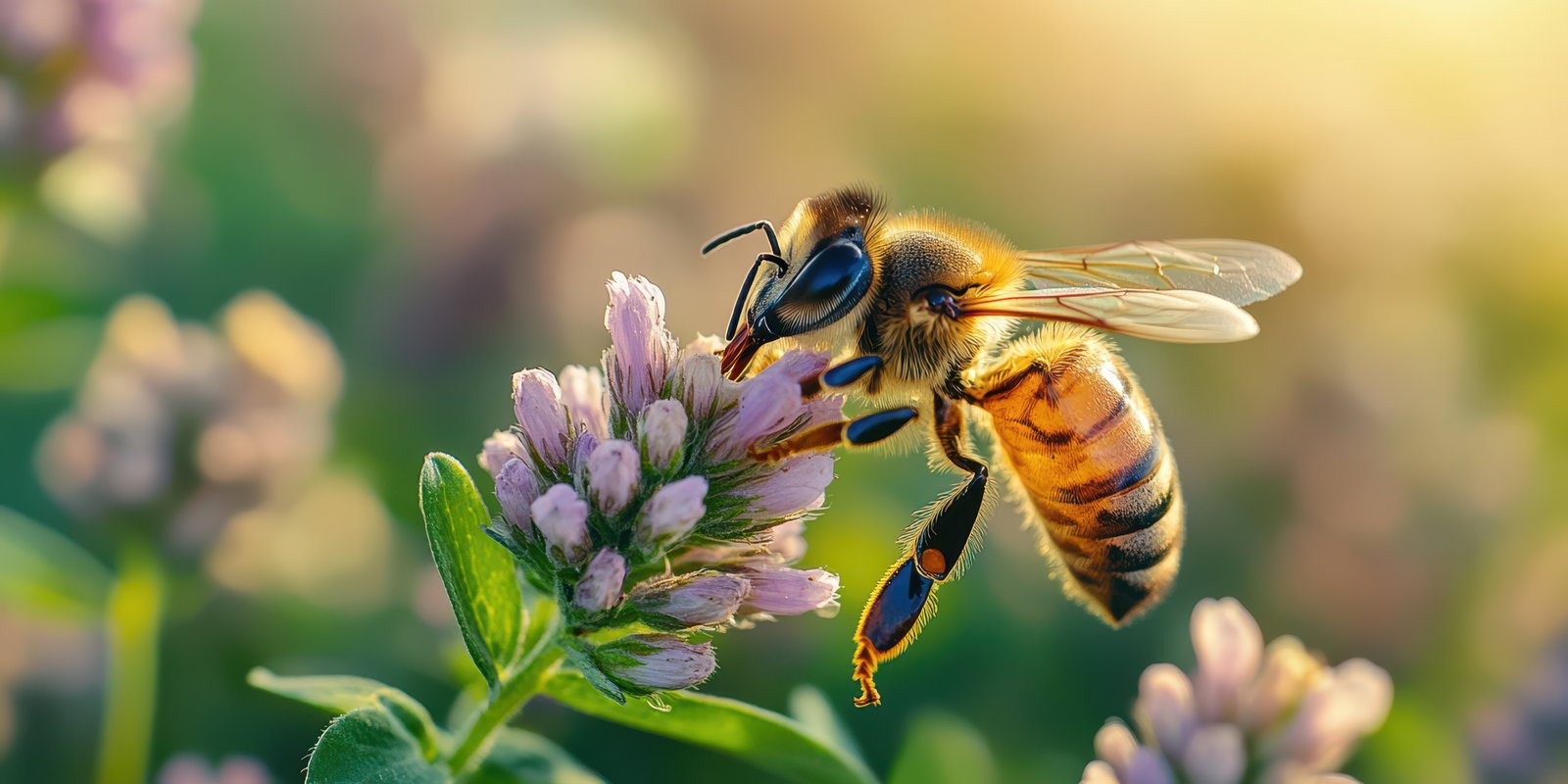 Bee collecting nectar from blooming purple clover flowers during golden hour in a vibrant garden setting